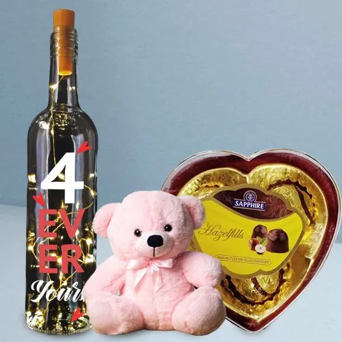 Lovely Bottle Lamp with Teddy n Sapphire Hazelfills Heart-Shape Chocolate Box