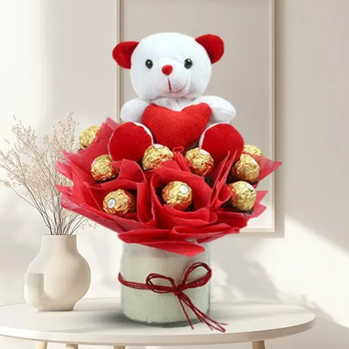 Beautifully Embellished Ferrero Rocher in Glass Vase with Teddy	