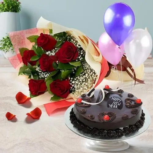 Bouquet of White & Red Roses with Cake