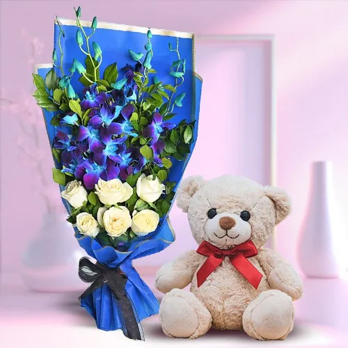 Whimsical Orchid, Roses  N  Teddy Gift