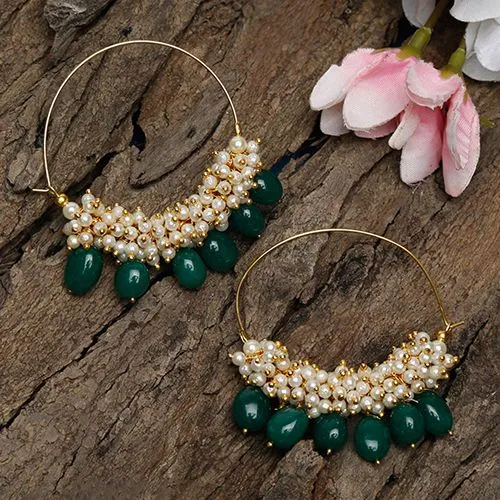 Designer Pearl   Emerald Hoops