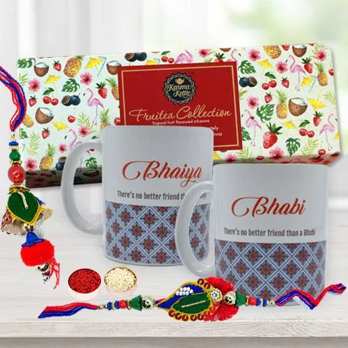 Fabulous Fruitea Hamper, Personalized Couple Mug N Bhaiya Bhabhi Rakhi