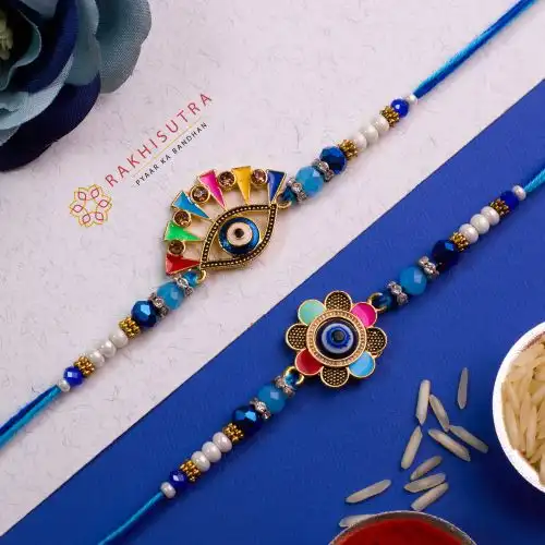 Quirky Evil Eye N Floral Rakhi Set