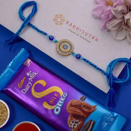 Beautiful Evil Eye Rakhi N Cadbury Silk Combo