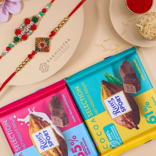 Stylish AD Kundan Rakhi Set N Ritter Chocolate Combo