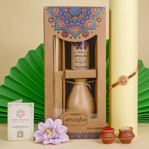 Fancy Kundan Rakhi N Reed Diffuser Gift Combo