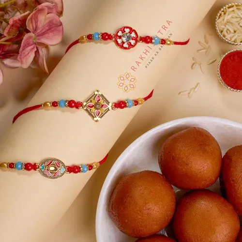 Traditional Kundan Rakhi Trio with Gulab Jamun Treat