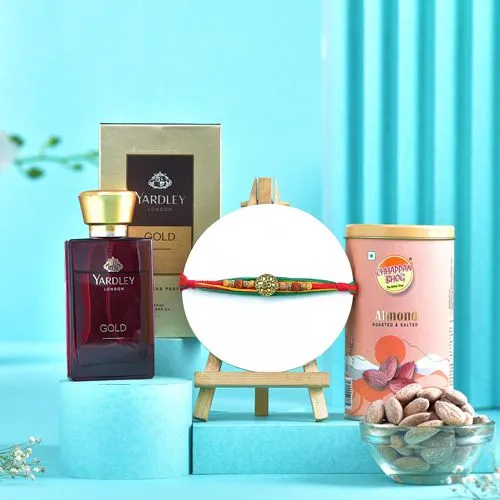 Elegant Rakhi with Nuts N Perfume Gift Set