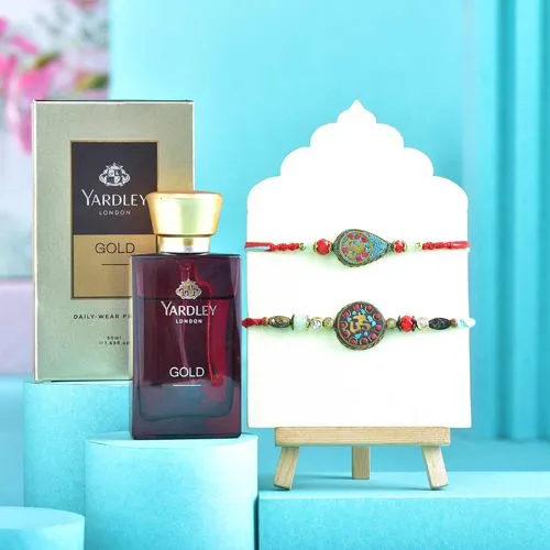 Elegant Twin Rakhis  N  Yardley Perfume Set