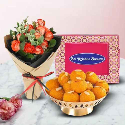 Joyful Orange Roses N Motichur Duo